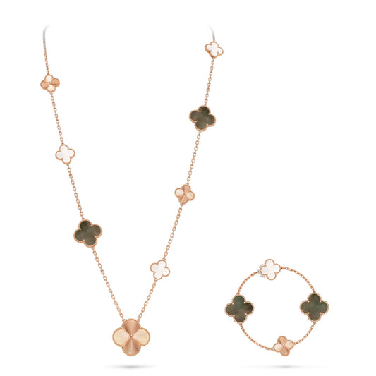 [Love Aura]DETACHABLE CLOVER 15(11+4) FLOWER ROSE GOLD NECKLACE SET