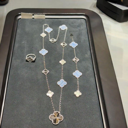 [Love Aura]DETACHABLE CLOVER 15(11+4) FLOWER SILVER NECKLACE SET