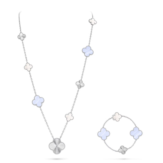 [Love Aura]DETACHABLE CLOVER 15(11+4) FLOWER SILVER NECKLACE SET
