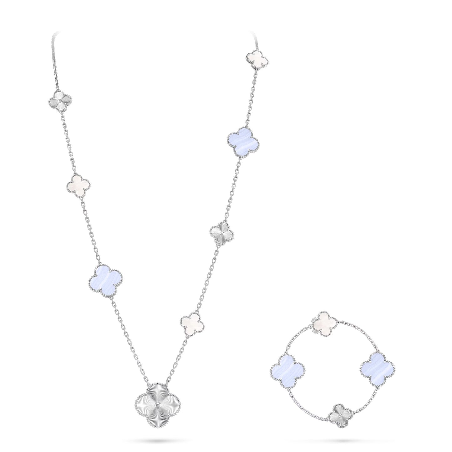 [Love Aura]DETACHABLE CLOVER 15(11+4) FLOWER SILVER NECKLACE SET