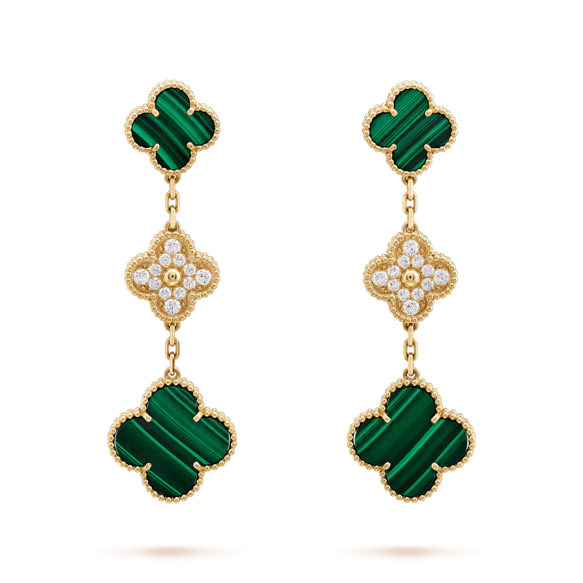 [Love Aura]CLOVER EARRINGS GOLD MALACHITE DIAMOND 3 MOTIF