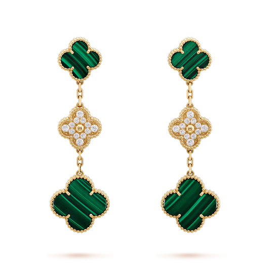 [Love Aura]CLOVER EARRINGS GOLD MALACHITE DIAMOND 3 MOTIF