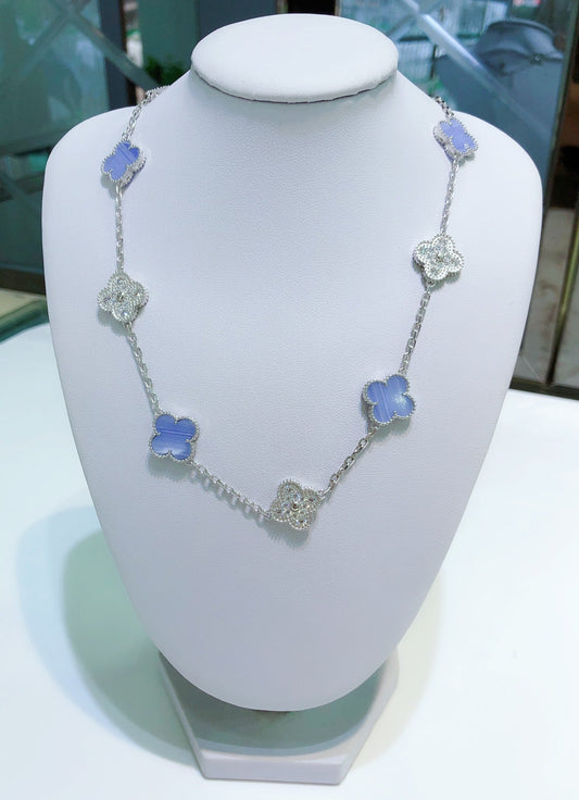 [Love Aura]CLOVER 10 MOTIFS CHALCEDONY DIAMONDS SILVER NECKLACE