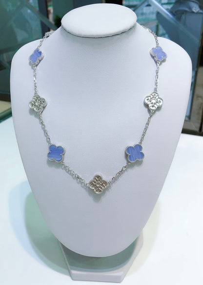[Love Aura]CLOVER 10 MOTIFS CHALCEDONY DIAMONDS SILVER NECKLACE