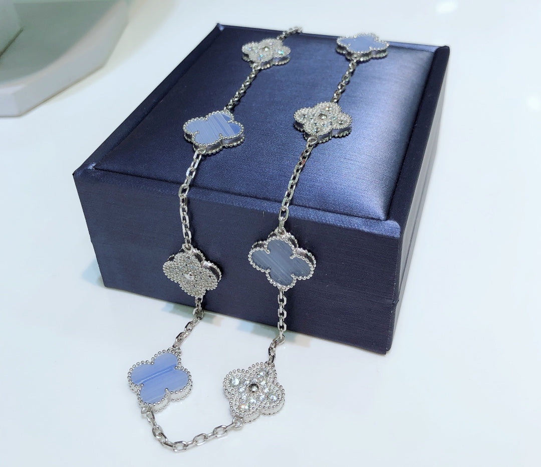 [Love Aura]CLOVER 10 MOTIFS CHALCEDONY DIAMONDS SILVER NECKLACE