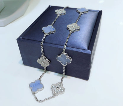 [Love Aura]CLOVER 10 MOTIFS CHALCEDONY DIAMONDS SILVER NECKLACE