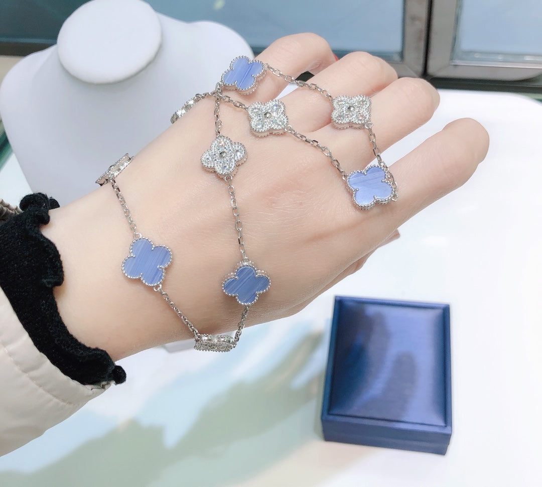 [Love Aura]CLOVER 10 MOTIFS CHALCEDONY DIAMONDS SILVER NECKLACE