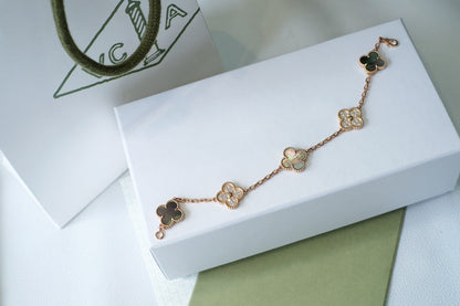 [Love Aura]CLOVER 5 MOTIFS DARK MOP AND DIAMONDS PINK GOLD BRACELET