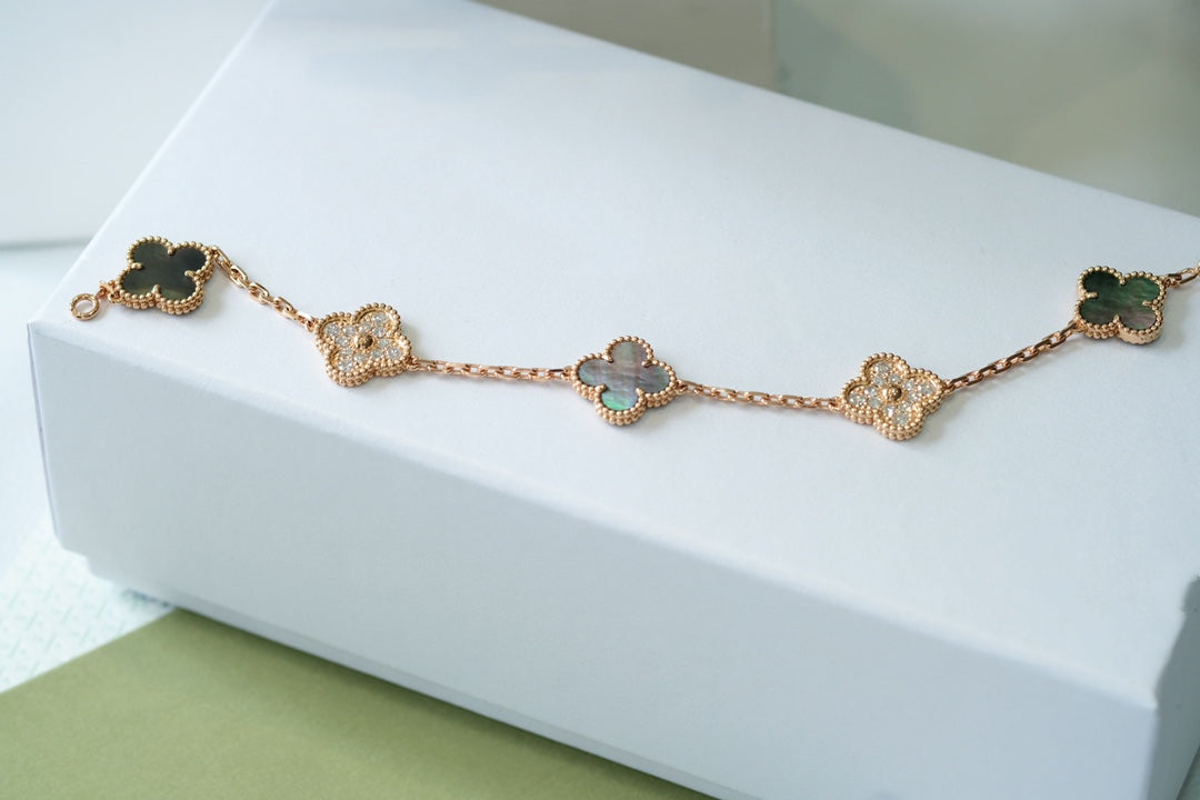 [Love Aura]CLOVER 5 MOTIFS DARK MOP AND DIAMONDS PINK GOLD BRACELET