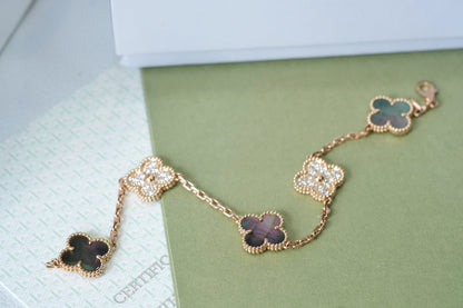 [Love Aura]CLOVER 5 MOTIFS DARK MOP AND DIAMONDS PINK GOLD BRACELET