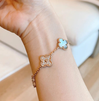 [Love Aura]CLOVER 5 MOTIFS DARK MOP AND DIAMONDS PINK GOLD BRACELET